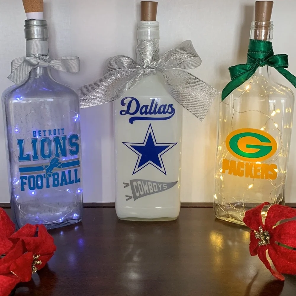Hand Crafted, Upcycled Detroit Lions Spirit Bottle Lantern